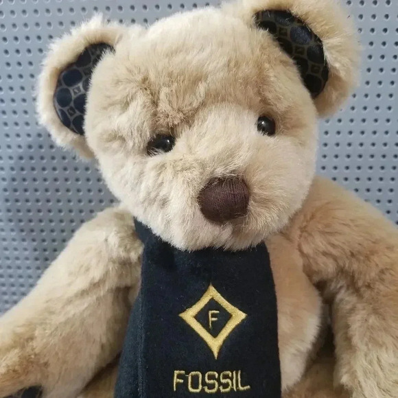 {Fossil} Plush Tan Bear w/ Black Felt Scarf & Fossil Print on Ears, Feet - Picture 2 of 9